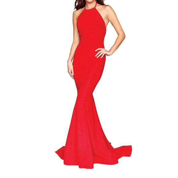 NEW CLARISSE sleeveless halter maxi dress in red